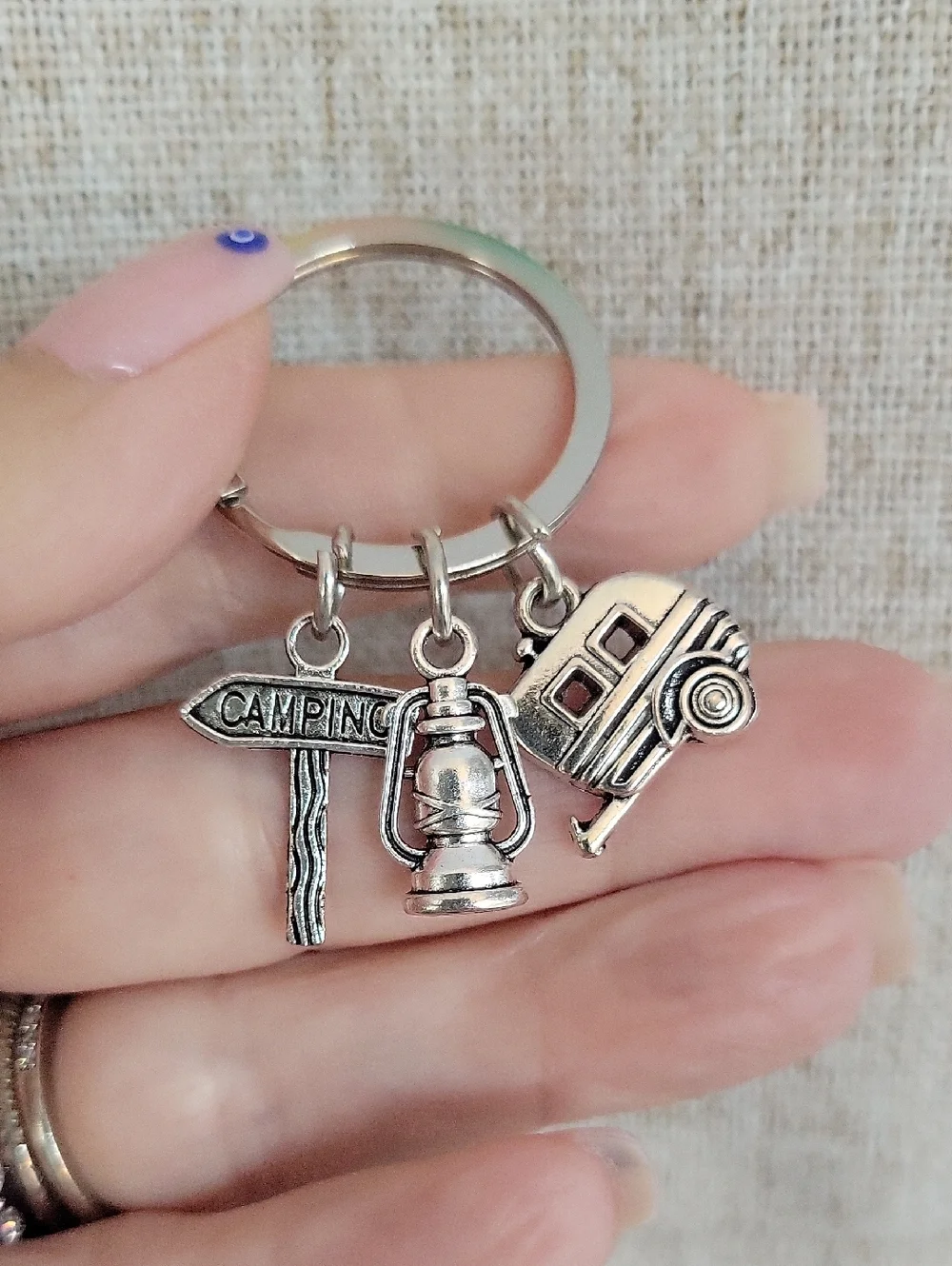 Camping Charm Keyring with Lantern & Trailer Charms - Silver